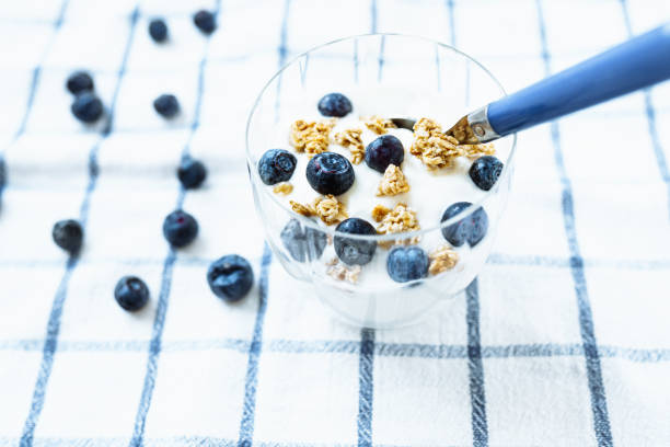 Greek yogurt with fresh blueberries and granola in glass on blue checkered napkin