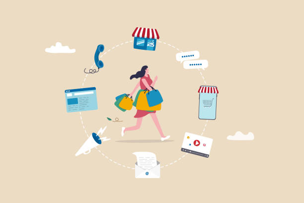 Omnichannel marketing, multi channel for customer to buy products, young woman customer with shopping bags buying from multi channel store, website, mobile and other chat and call center. vector art illustration