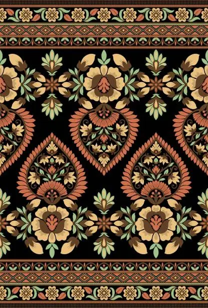 Vector illustration of Ethnic Seamless borders and flower ornament, motif draws working illustration flowers and ornament motif India design elements Neckline pattern or, repeat the floral texture