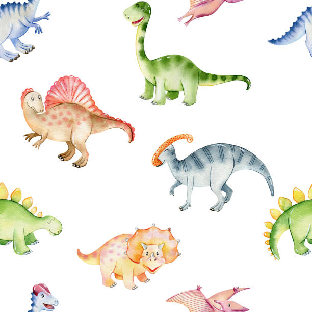 illustrations, cliparts, dessins animés et icônes de aquarelle dinosaures mignons. - brontosaurus illustration and painting watercolor painting watercolour paints