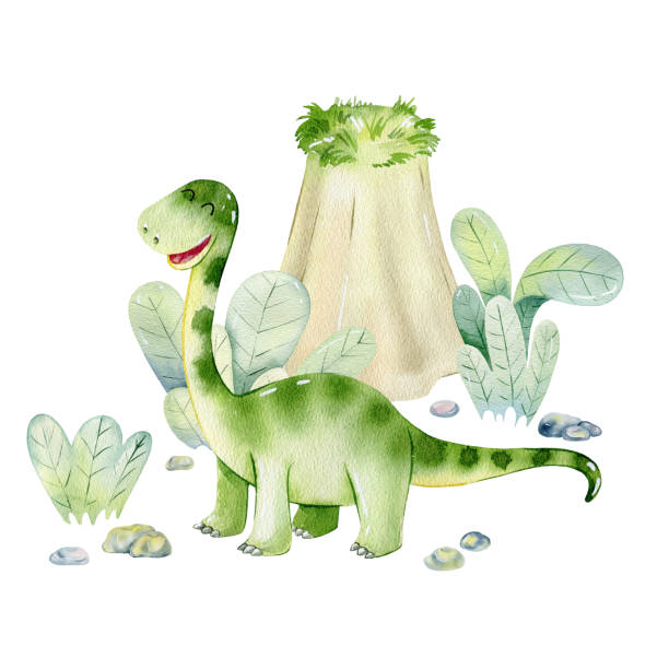 illustrations, cliparts, dessins animés et icônes de dinosaure mignon d’aquarelle. - brontosaurus illustration and painting watercolor painting watercolour paints