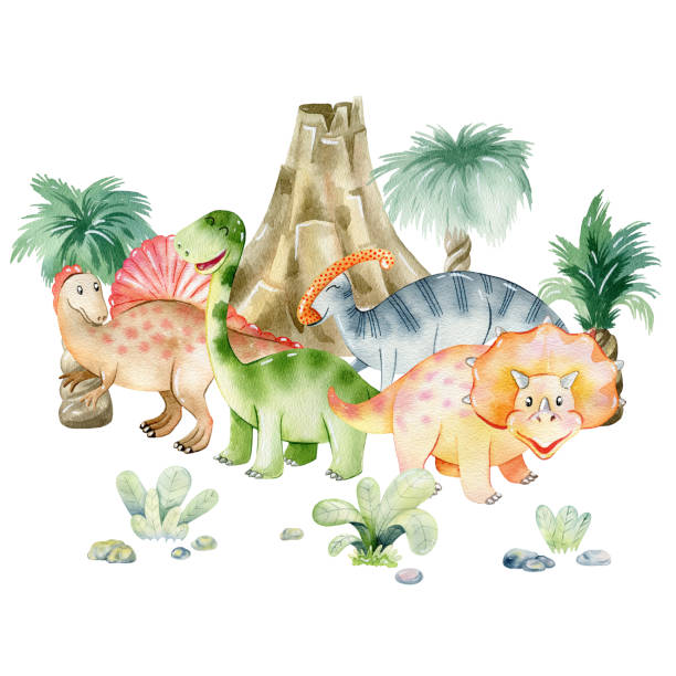 illustrations, cliparts, dessins animés et icônes de aquarelle dinosaures mignons. - brontosaurus illustration and painting watercolor painting watercolour paints