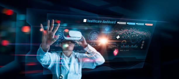 Healthcare and Medical technology, Doctor with VR headset wearing and diagnosis data record from holographic of patient on virtual interface, Innovation, science and technology on global network. stock photo