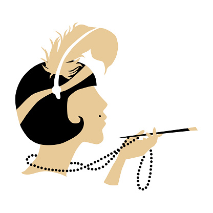 A girl in the style of Gatsby. Art Deco style. A beautiful girl with a short haircut and a cigarette in the mouthpiece. Vector illustration isolated on a white background for design and web.