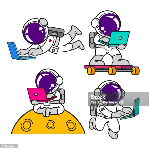 Nasa Computer Cartoon Astronautâ cartoon Set Animation Flat Design Laptop Computer Stock ...