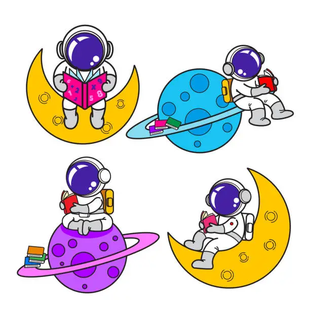 Vector illustration of AstronautÂ cartoon set, animation , flat design, reading