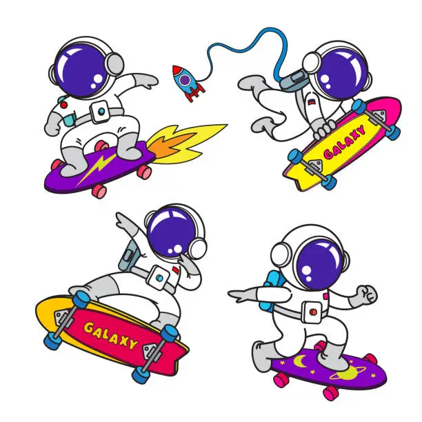 Vector illustration of AstronautÂ cartoon set, animation , flat design, skate board, Vector