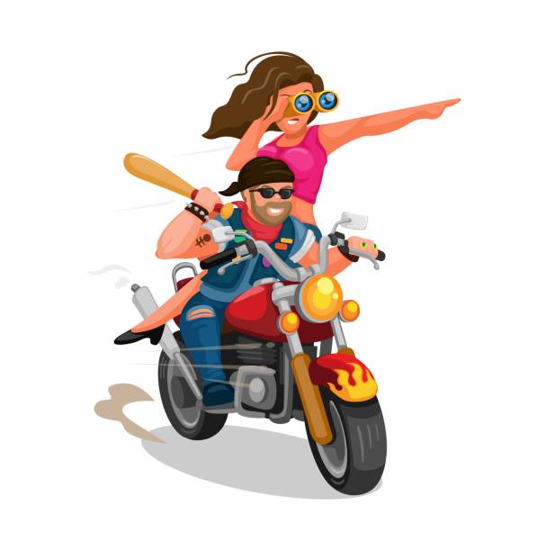 байкер-гангстер держит бейсбольную биту верхом на мотоцикле с девушкой мультфильм иллюстрация вектор - motorcycle women tattoo sensuality stock illustrations