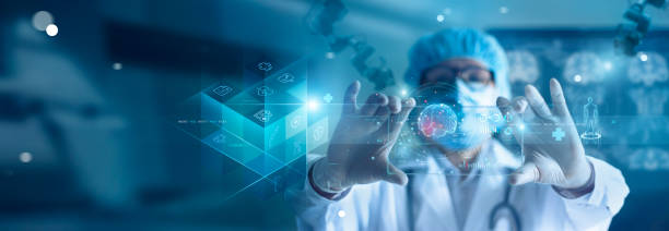 istock Doctor diagnose and checking brain testing result with computer and AI, robotic on virtual interface in laboratory, innovative technology in science and medicine. 1468433124