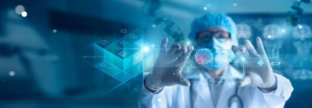Doctor diagnose and checking brain testing result with computer and AI, robotic on virtual interface in laboratory, innovative technology in science and medicine. stock photo