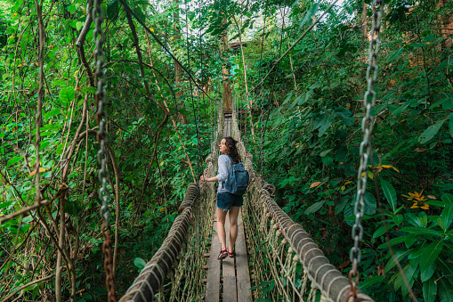Young Caucasian woman walking on rope bridge in lush jungles a