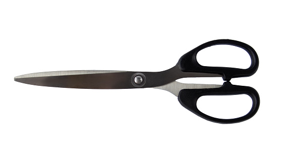 Blue scissors sitting over white background. Horizontal composition with copy space.