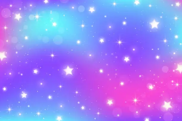 Vector illustration of Rainbow unicorn background. Girlie princess sky with stars and sparkles. Gradient holographic fantasy backdrop. Vector abstract iridescent texture.