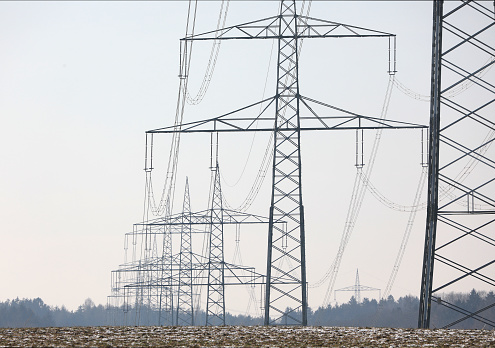 Electricity pylons in the rural countryside of southern Germany, Bavaria, Augsburg