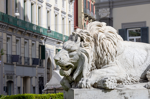 Naples, Italy - June 27, 2021: Stone lion statue at the base of the Monument to the Martyrs on Piazza dei Martiri. The four lions represent the Neapolitan patriots who fell during the anti-Bourbon revolutions
