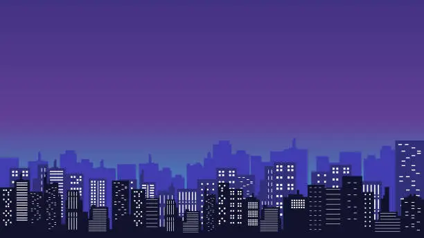 Vector illustration of City background with many buildings at night