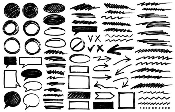 Hand drawn design elements Set of hand drawn design elements. Black marker strokes, scribbles, frames, circles, stains, arrows, speech bubbles and underlines underline stock illustrations