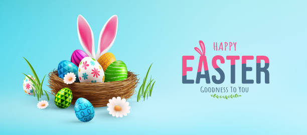 istock Easter poster and banner template with Easter eggs and bunny ears in the nest.Greetings and presents for Easter Day in flat lay styling.Promotion and shopping template for Easter 1468442922