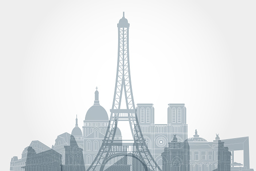 Colourful overlapping silhouettes of famous Paris Buildings. Tourism, France, Leisure, Holiday
