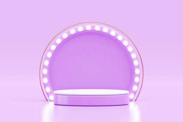 istock Purple podium with light bulb pedestal stage product display background 3D illustration empty display showroom presentation for product placement 1468447920