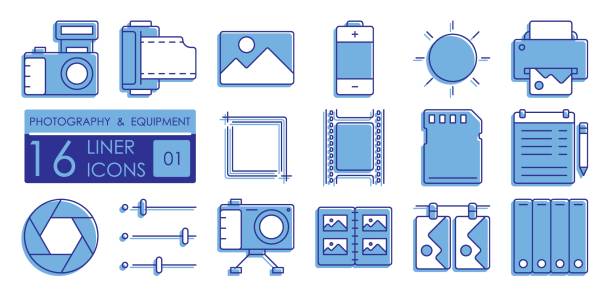 illustrations, cliparts, dessins animés et icônes de ensemble d’icônes linéaires remplies de couleurs. équipement pour la photographie et le traitement des films. impression de photos finies. appareil photo, film, carte mémoire, objectif - fill frame flash
