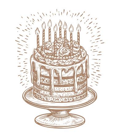 Birthday cake with candles. Fun holiday or solemn event. Vintage sketch vector illustration