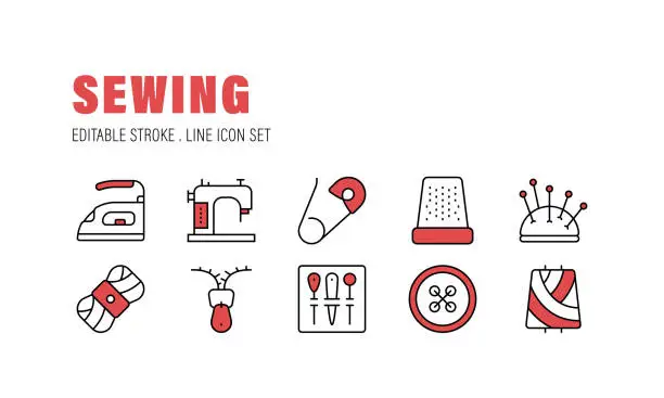 Vector illustration of Sewing, Sewing Machine, Iron, Scissors, Zipper Icons
