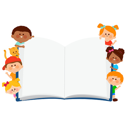 Open book background with white pages and children. Vector illustration