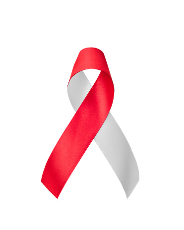 Red white awareness ribbon for Aplastic Anemia, Deep Vein Thrombosis (DVT), Hereditary Hemorrhagic Telangiectasia, Oral Cancer, Squamous Cell Carcinoma, bow isolated with clipping path