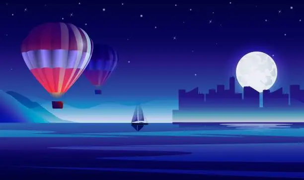 Vector illustration of Hot air balloon flying in the moonlight over the sea against the backdrop of the cityscape with the moon and stars. Vector illustration