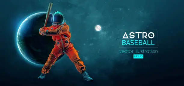 Vector illustration of Baseball player astronaut in space action and Earth, Moon planets on the background of the space. Vector illustration