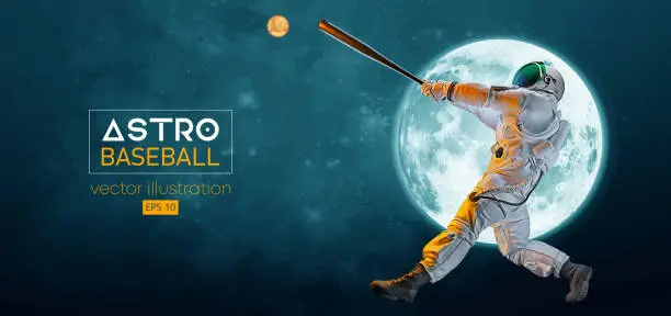 Vector illustration of Baseball player astronaut in space action and Moon, Mars planets on the background of the space. Vector illustration