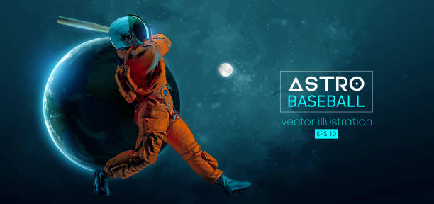 baseballspieler astronaut in weltraum-action und erde, mondplaneten auf dem hintergrund des weltraums. vektorillustration - baseball mit audio stock-grafiken, -clipart, -cartoons und -symbole