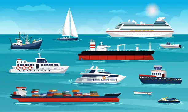 Vector illustration of Set of sea and ocean ships and sea transport. Cruise liner, yacht, boat, jet ski, fishing boat, cargo ship with containers, tug. Vector illustration