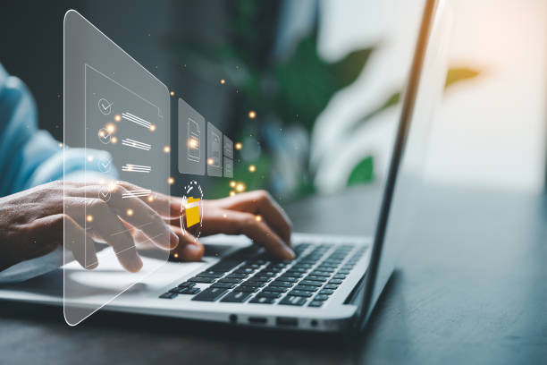 istock Concept of online document management technology. Businesspeople manage corporate databases through cloud, cyberspace technology and large, paperless archives of important, file and online storage. 1468462616