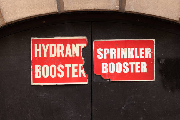 istock Red Hydrant booster and sprinkler booster signs. 1468462715