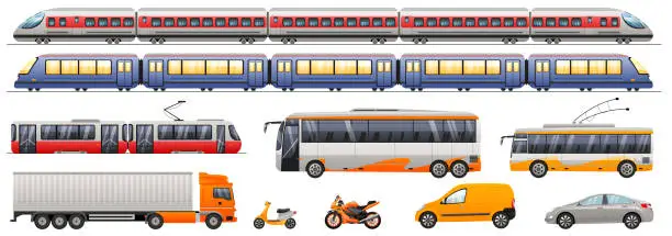 Vector illustration of Set of urban, long-distance, passenger, cargo transport. Train, tram, bus, trolley, truck, van, moped, motorcycle. Isolated on a white background. Vector illustration