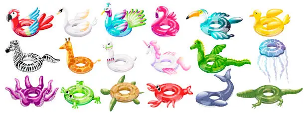 Vector illustration of Set of inflatable swim pool floats and rings in the form of flamingos, stork, peacock, parrot, pelican, duck, zebra, giraffe, llama, unicorn, dragon, octopus, frog, turtle, crab, whale, crocodile.