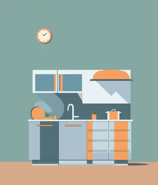 Vector illustration of kitchen with front view furniture in blue and orange colors