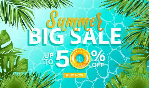 Vector illustration of Summer sale banner with azure sea and palm leaves for advertising. Vector illustration