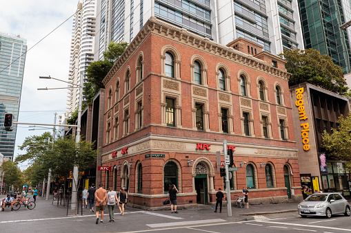 Sydney, Australia - February 19,  2023: completed in 1895, the former bank building is now occupied by KFC and is located on the corner of George and Bathurst streets.