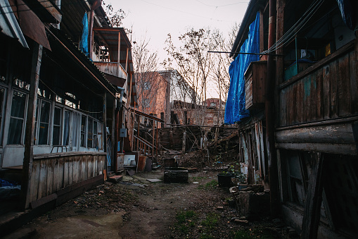 Old shabby houses in the slum district.