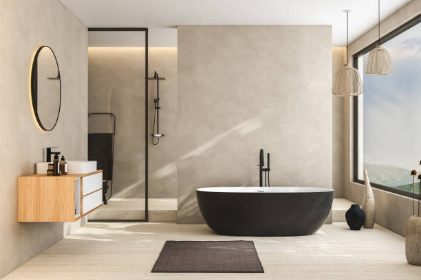 istock Modern minimalist bathroom interior, modern bathroom cabinet, white sink, wooden vanity, interior plants, bathroom accessories, bathtub and shower, beige walls, granite floor, vases. 3d rendering 1468468973