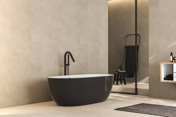 istock Modern minimalist bathroom interior, modern bathroom cabinet, white sink, wooden vanity, interior plants, bathroom accessories, bathtub and shower, beige walls, granite floor, vases. 3d rendering 1468469964