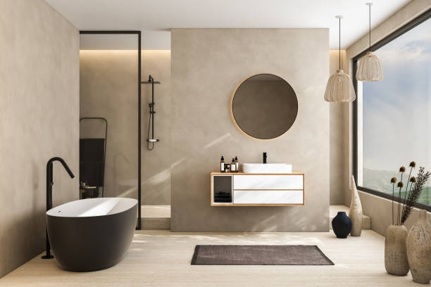 istock Modern minimalist bathroom interior, modern bathroom cabinet, white sink, wooden vanity, interior plants, bathroom accessories, bathtub and shower, beige walls, granite floor, vases. 3d rendering 1468469969