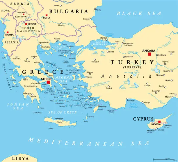 Vector illustration of Aegean Sea region, with Aegean Islands, political map