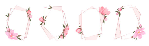 Polygonal frame cherry blossom rose gold flat set Polygonal frame cherry blossom rose gold flat set. Luxury rose gold love beauty bridal valentine restaurant spring summer plant banner business holiday poster template cosmetic gift coupon isolated sakura matsuri stock illustrations