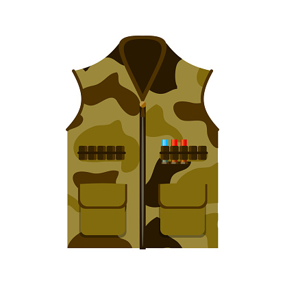 Military body armor hunter vest camo green flat. Uniform cape protects body pockets ammo compartment sleeveless military soldier uniform sniper invisible hides bulletproof icon gunsmith army magazine