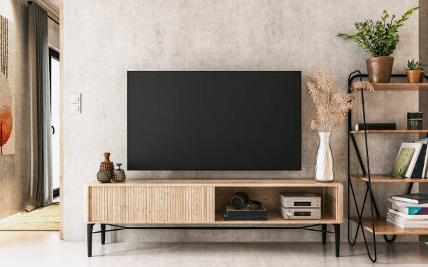 A nostalgic retro living room with a TV on a cabinet and book shelves in front of a textured ruined gray plaster wall A nostalgic retro living room with a  blank TV (copy space) and book shelves with decoration (vases, books, speakers, headphones, potted plants) on a low wooden cabinet in front of a textured ruined gray plaster wall with copy space. A peek of a hallway on a side with windows, curtains, and wall decoration on the cement-tiled floor. 3D rendered image. dvd player stock pictures, royalty-free photos & images