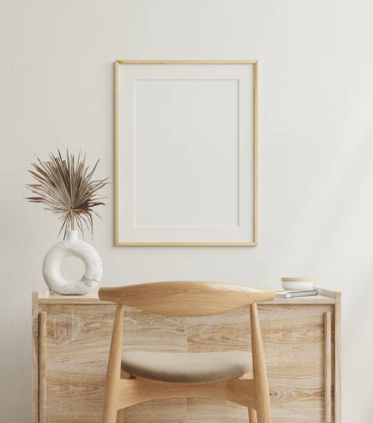 istock Mockup frame on cabinet in living room interior on empty white wall background. 1468471397